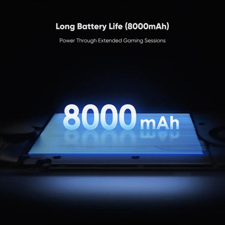 Handheld game console with 8000 mAh battery capacity callout and blue glow