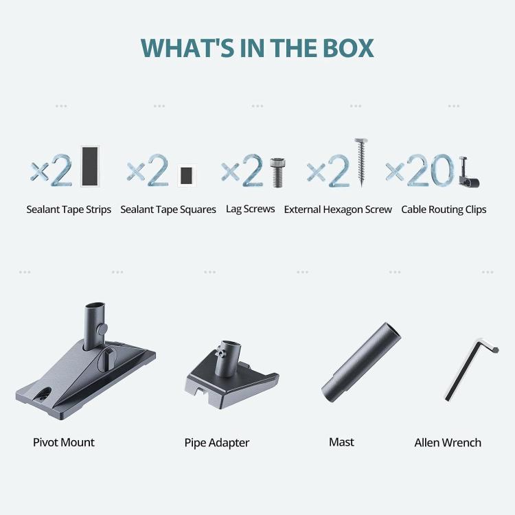 Aluminum bracket kit parts: pivot mount base, pipe adapter, mast, and Allen wrench