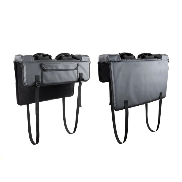 Gray tailgate bike protection pad with two padded sections and hanging strap loops