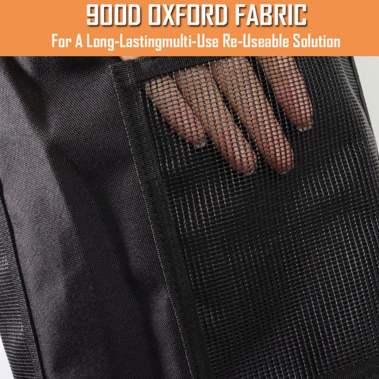 Close-up of black Oxford fabric trash can bag material with stitched seams