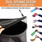 Black trash can bag with dual openings and top zipper, shown from open side