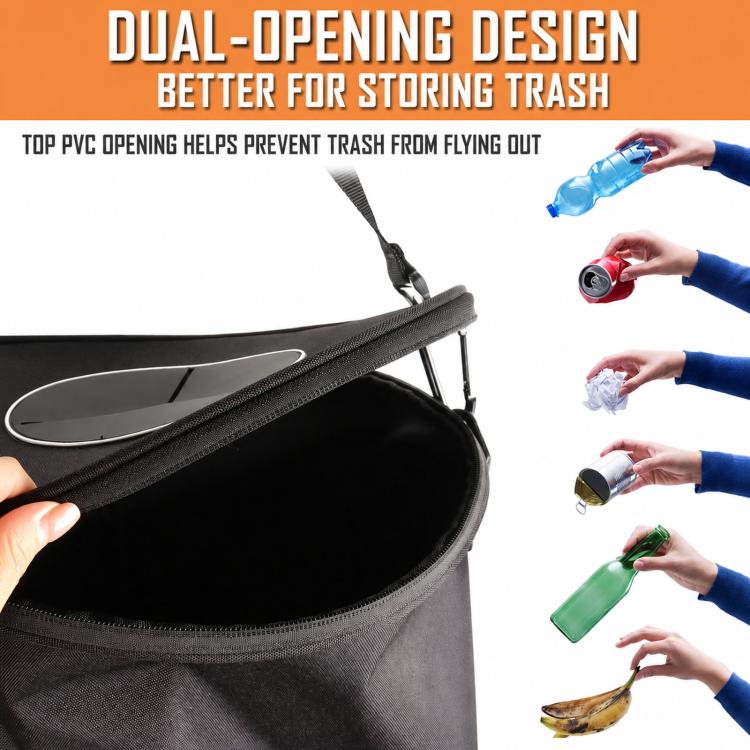 Black trash can bag with dual openings and top zipper, shown from open side