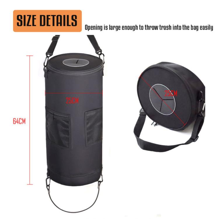 Portable black trash can bag with bottom zipper opening and size details, round base top