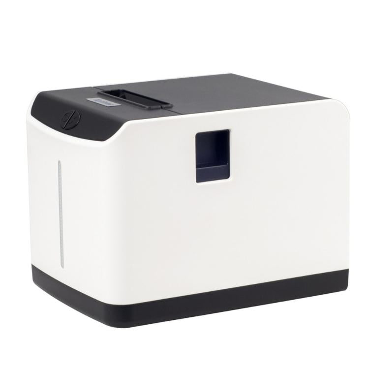 White thermal printer with black base and paper access slot on top