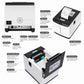 Thermal printer parts diagram with paper outlet, ports, and settings buttons