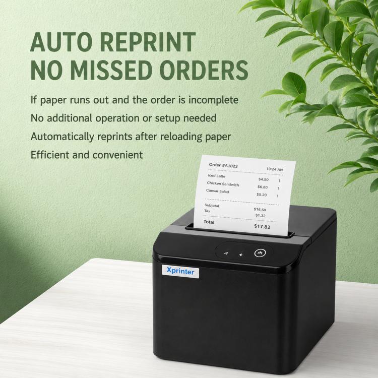 Xprinter thermal receipt printer with printed receipt shown on top output
