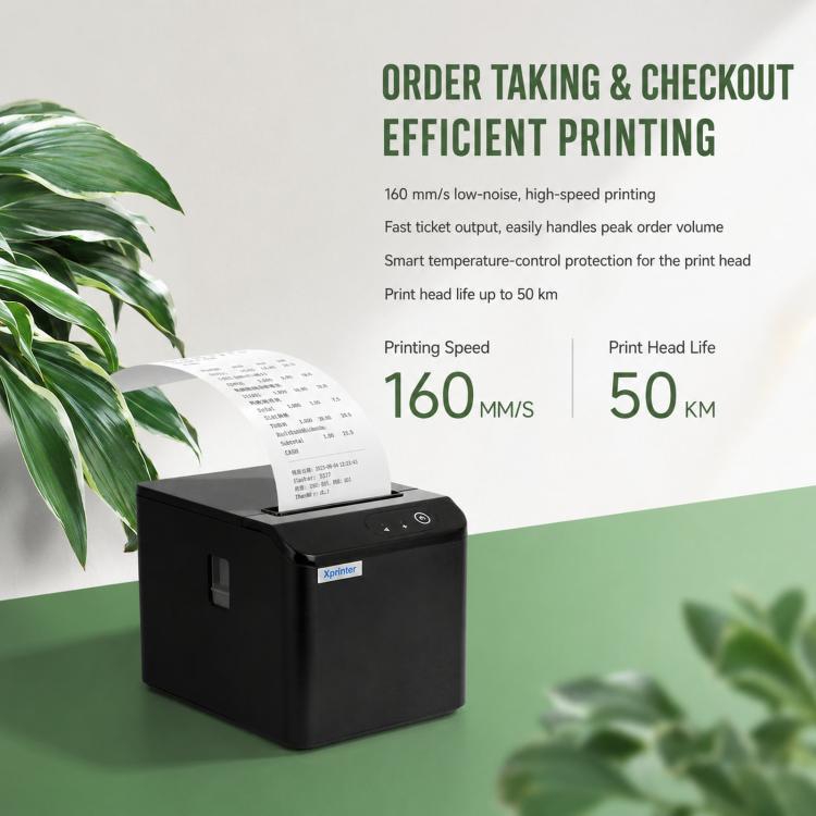 Black Xprinter thermal receipt printer with paper roll and front control buttons