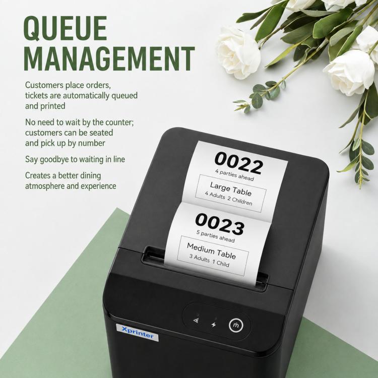 Black Xprinter thermal receipt printer front view with visible receipt display window