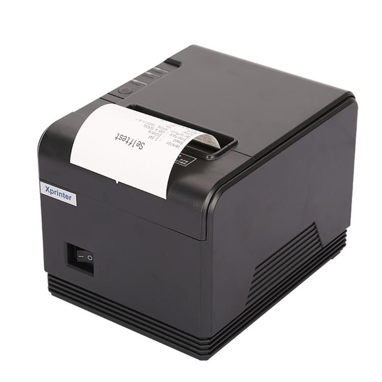 Black thermal receipt printer with front paper feed and top label holder