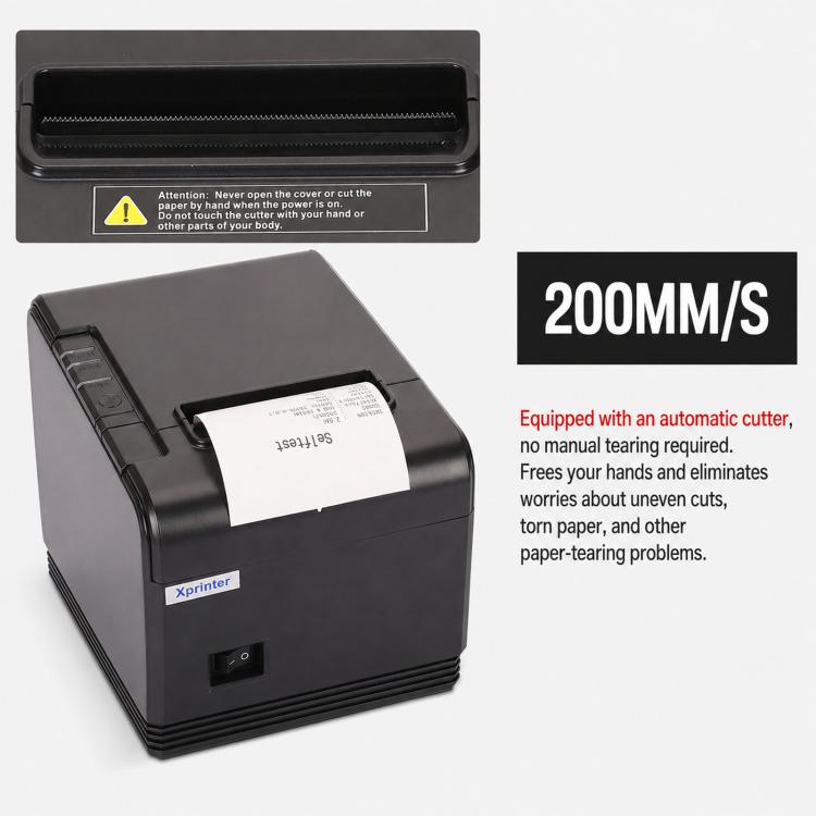 Thermal receipt printer with front cover removed, showing print area and paper slot