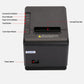 Black thermal receipt printer back panel with indicator lights, tear bar, and feed button