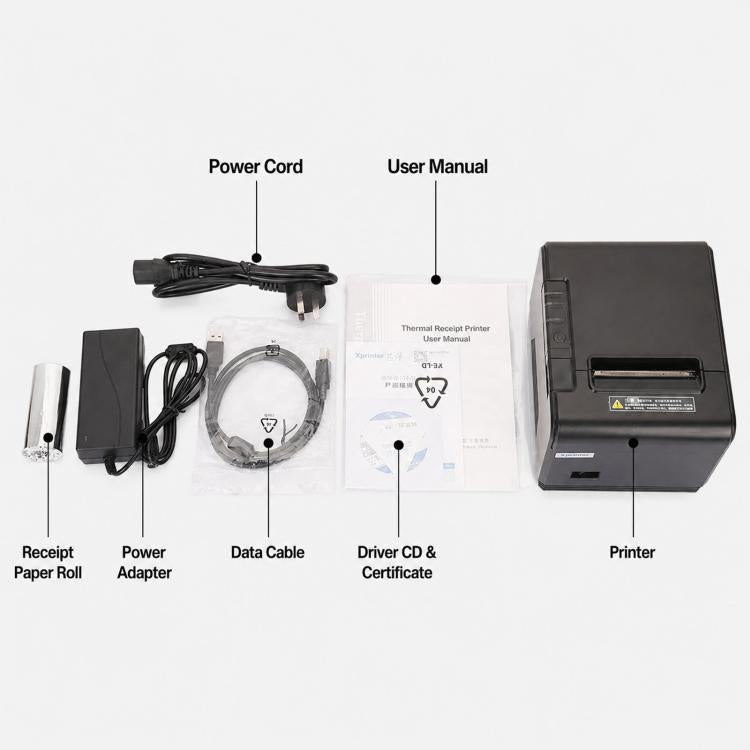 Thermal receipt printer kit with power adapter, data cable, driver CD, manual, and paper roll