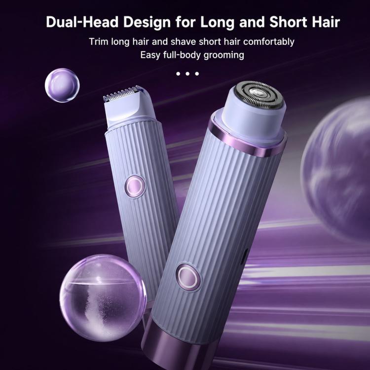 Cordless body hair trimmer with dual heads, purple ribbed handles shown side by side