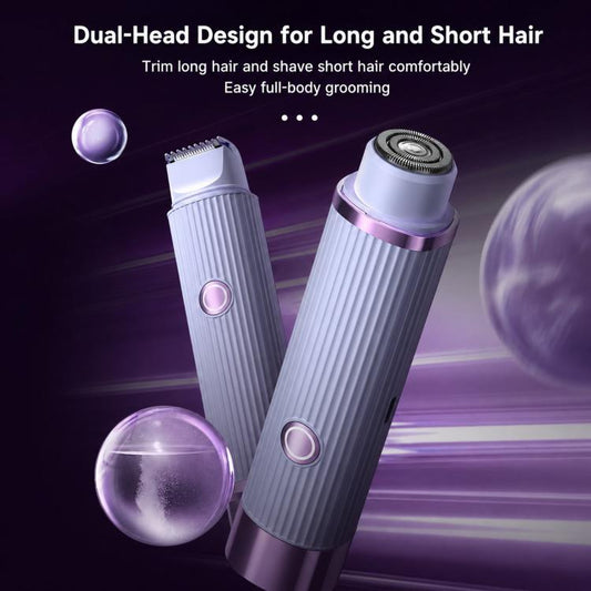 Cordless body hair trimmer with dual heads, purple ribbed handles shown side by side