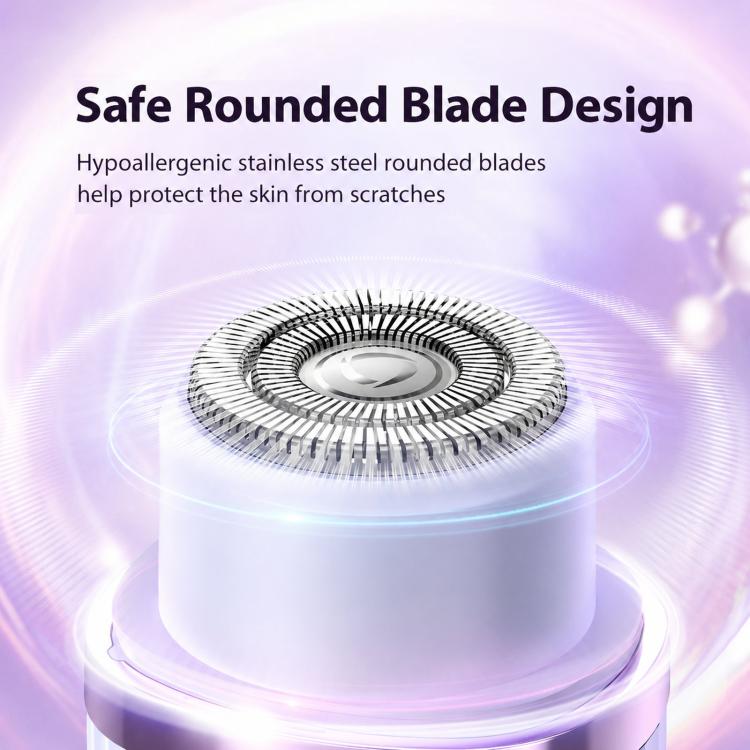 Rounded stainless steel shaver blades inside a circular rotary trimmer head