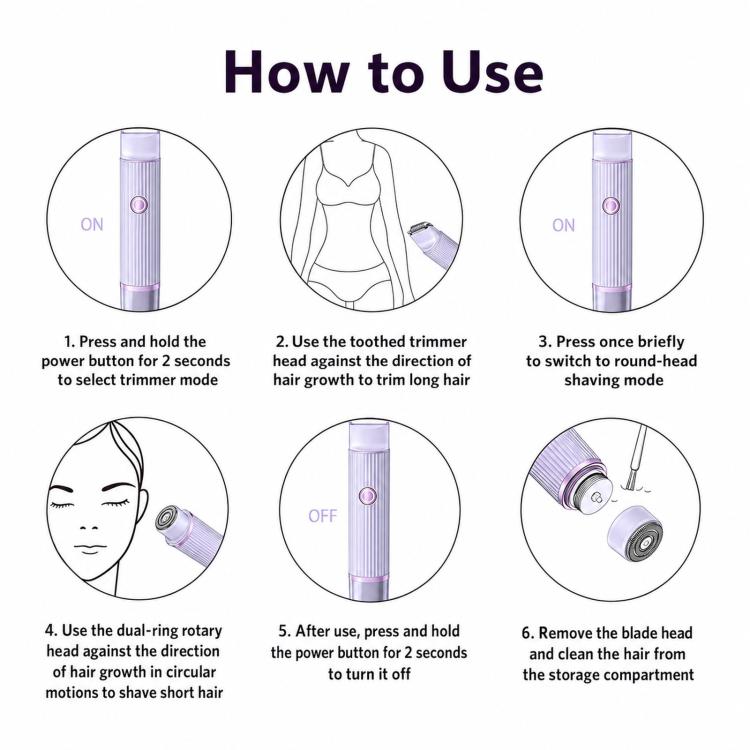 Cordless trimmer shown in on/off and mode use steps with purple handle