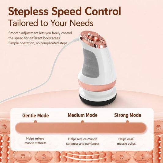 Handheld electric massager with rose-gold top, white body, and black base