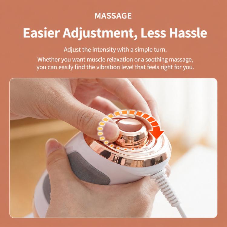 Handheld electric massager with adjustable intensity dial, shown in hand