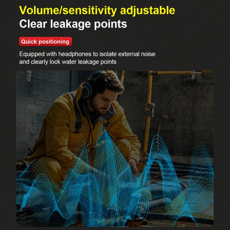 Water leak detector use illustration with headphone-style noise isolation and waveform