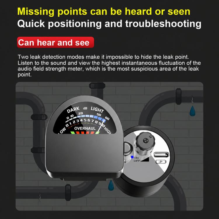Water leak detector with volume dial, audio field meter, and circular sensor unit