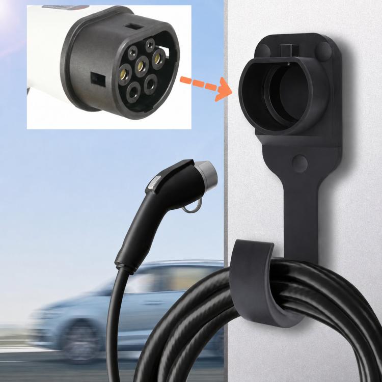 Black wall-mount EV charging plug holder dock with connector recess