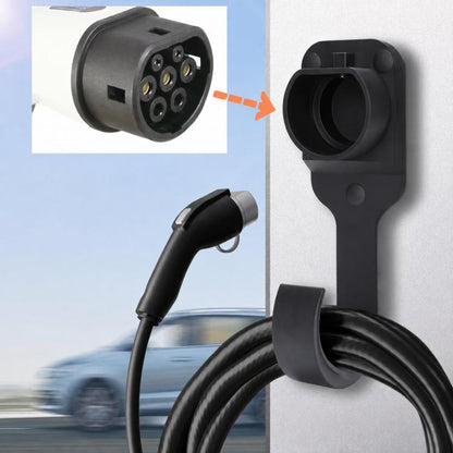 Black wall-mount EV charging plug holder dock with connector recess