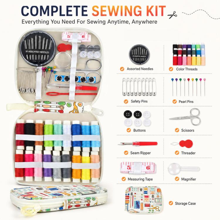Travel sewing kit contents layout: needle set, color threads, pins, buttons, scissors, tape