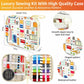 Travel sewing kit with patterned zipper case and neatly arranged thread spools