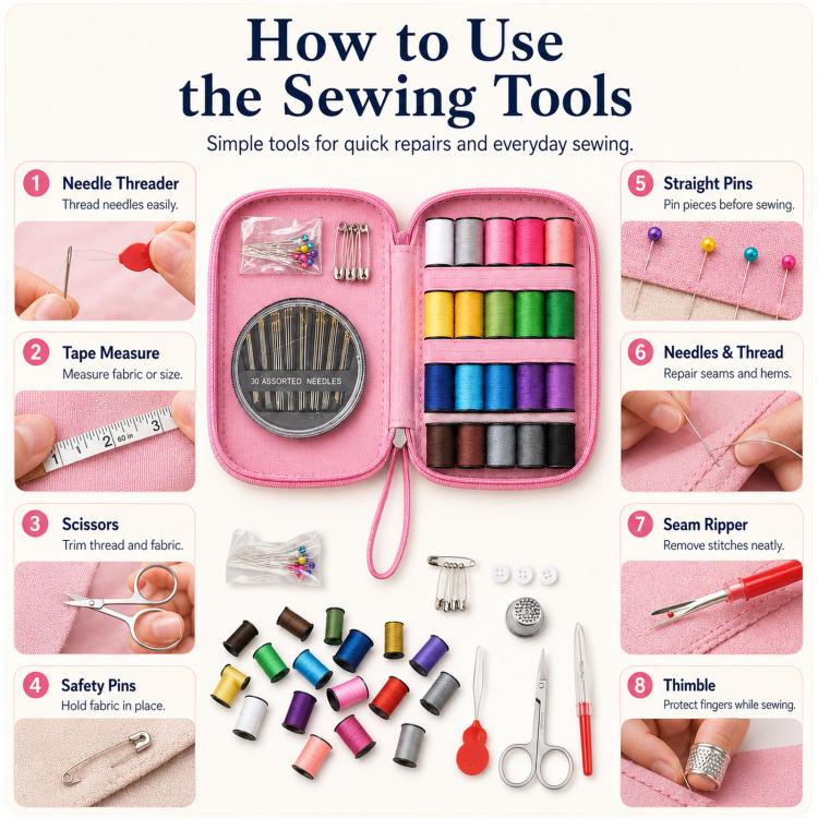 Pink travel sewing kit tool set in pouch with needles, scissors, thimble and thread spools