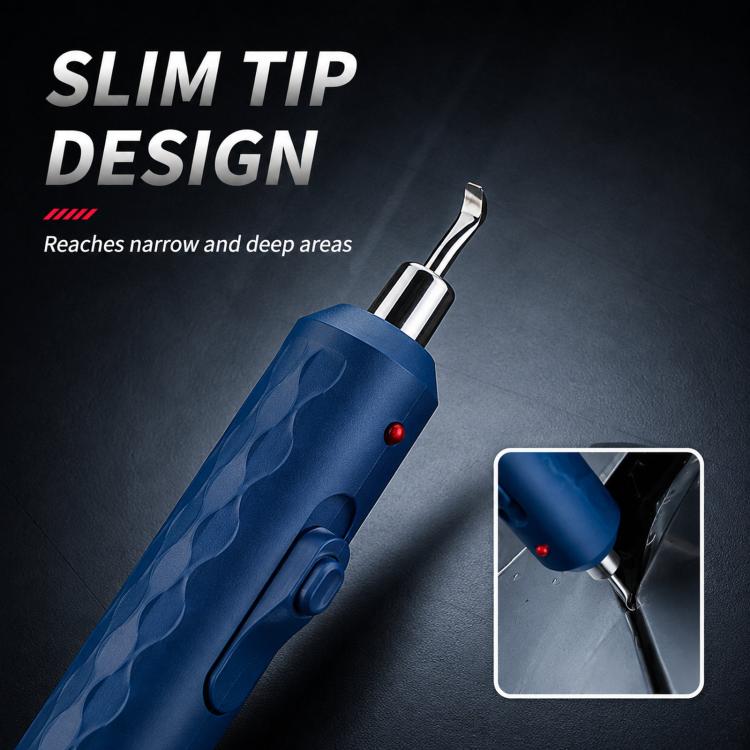 Blue slim-tip heat tool with angled metallic nozzle and red power light