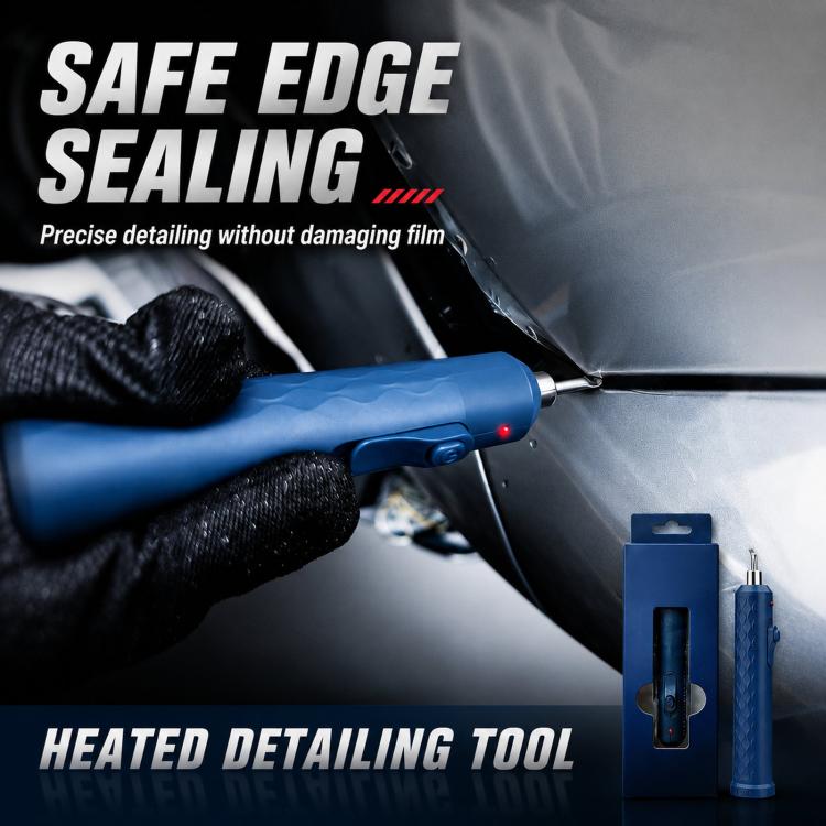 Blue heated detailing tool for edge sealing, held by black-gloved hand near seam