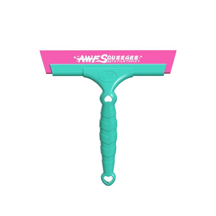 Teal window wiper film application squeegee tool with pink blade and hanging loop handle