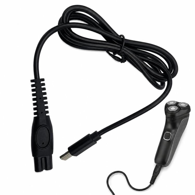 Black USB-C shaver charging cable with shaver plug and coiled cord