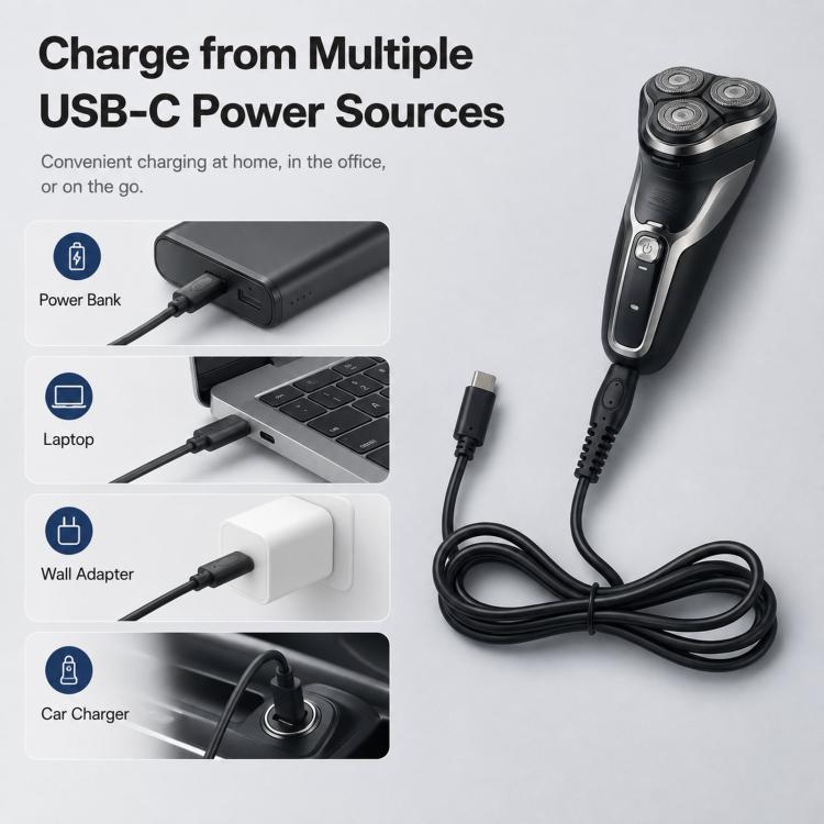 Coiled black USB-C shaver charging cable with USB-C and charging plug