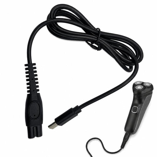 Black USB-C shaver charging cable with shaver plug and coiled cord