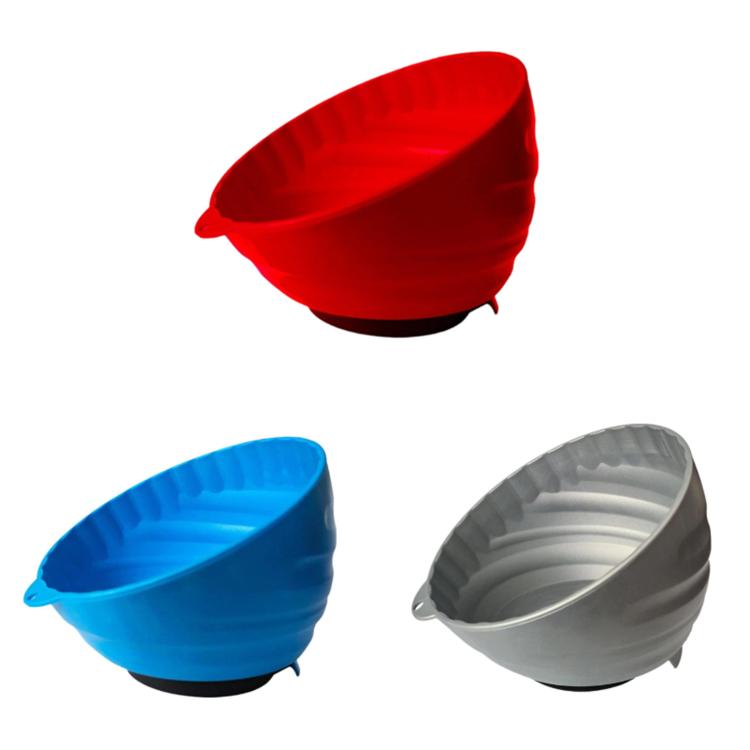 Red, blue, and gray magnetic storage bowls with wide openings for small parts