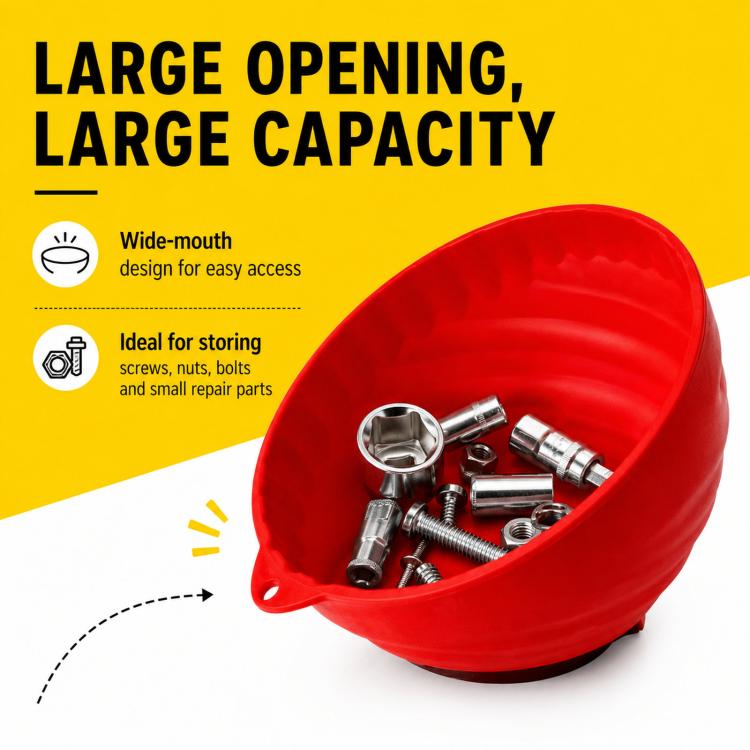 Red wide-mouthed magnetic bowl holding assorted screws and bolts