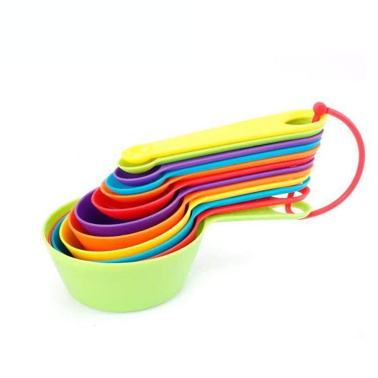 Plastic Measuring Cups Spoons Set Rainbow Nesting Baking Tools with Ring and Engraved Scale, 12 PCS/Set, 6 PCS/Set
