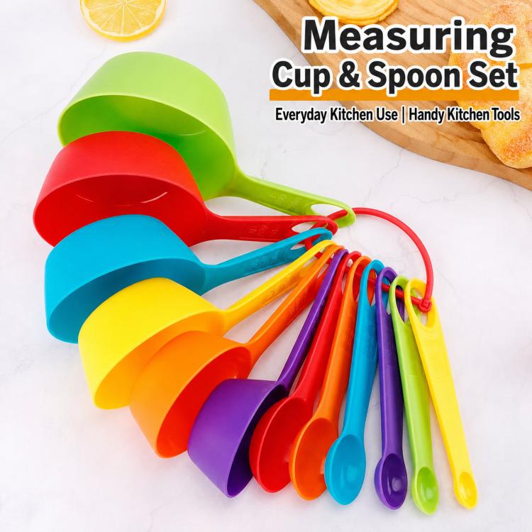 Plastic Measuring Cups Spoons Set Rainbow Nesting Baking Tools with Ring and Engraved Scale, 12 PCS/Set, 6 PCS/Set