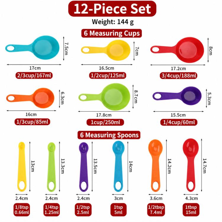 Plastic Measuring Cups Spoons Set Rainbow Nesting Baking Tools with Ring and Engraved Scale, 12 PCS/Set, 6 PCS/Set