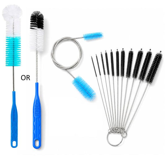 Glass tube cleaning brush set with blue and black bristle heads, wire stems, ring loop