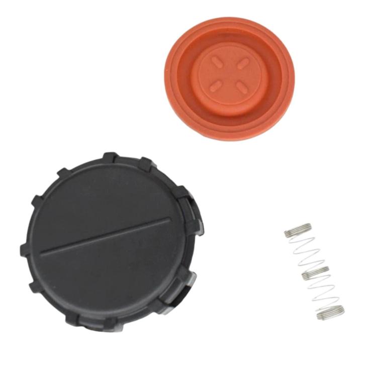 Valve cover cap set with black housing, orange cover, and two metal springs
