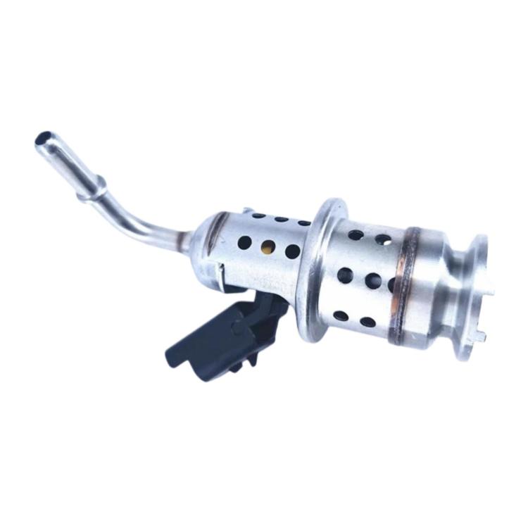 Urea injector with metal body and electrical connector, angled view