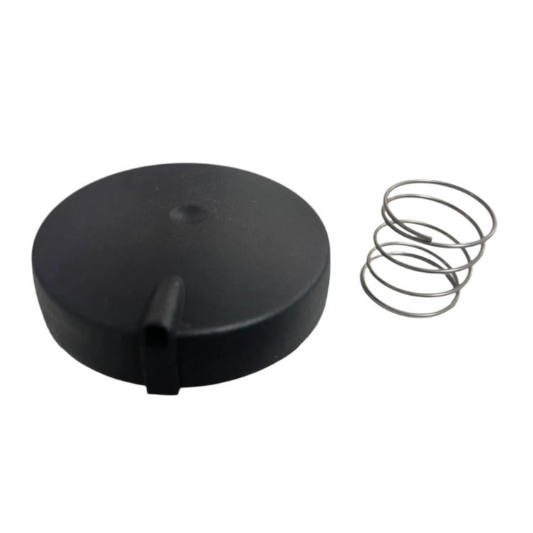 Black car valve cover cap with side tab and metal return spring