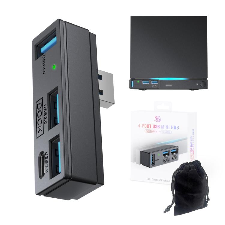 Black 4-port USB 3.0 mini hub with 3 USB-A and 1 USB-C ports, plus storage pouch.