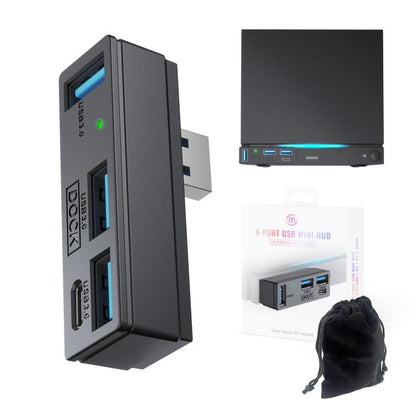 Black 4-port USB 3.0 mini hub with 3 USB-A and 1 USB-C ports, plus storage pouch.