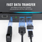 Black USB 3.0 hub with three USB-A ports and one USB-C port, blue data LEDs.
