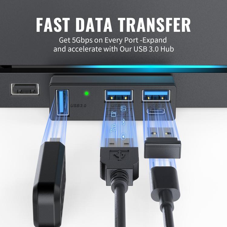 Black USB 3.0 hub with three USB-A ports and one USB-C port, blue data LEDs.