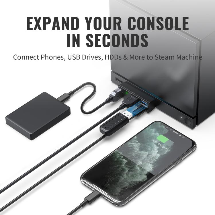Black USB hub connected to a console with cables, showing blue USB-A ports and LED.