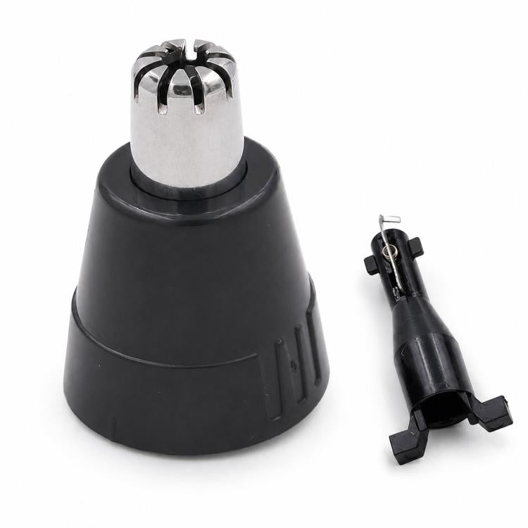 Black replacement trimmer head with stainless-steel cutting blades, detached view
